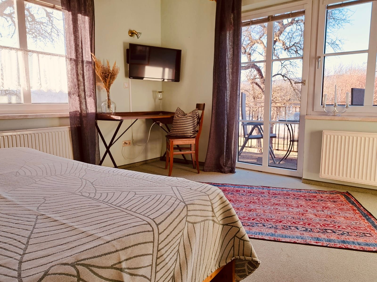 Comfortable room with bed, table, chair and TV. Large windows with a view of the terrace and trees. Carpet on the floor.