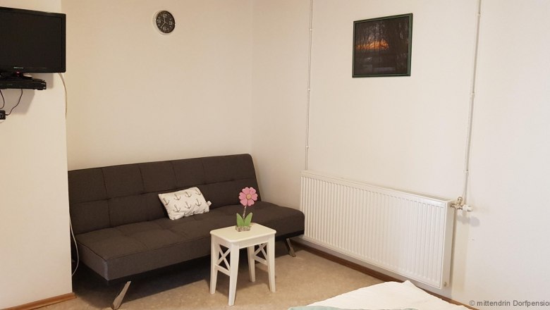 TV on the wall, next to it a gray sofa and a small table.