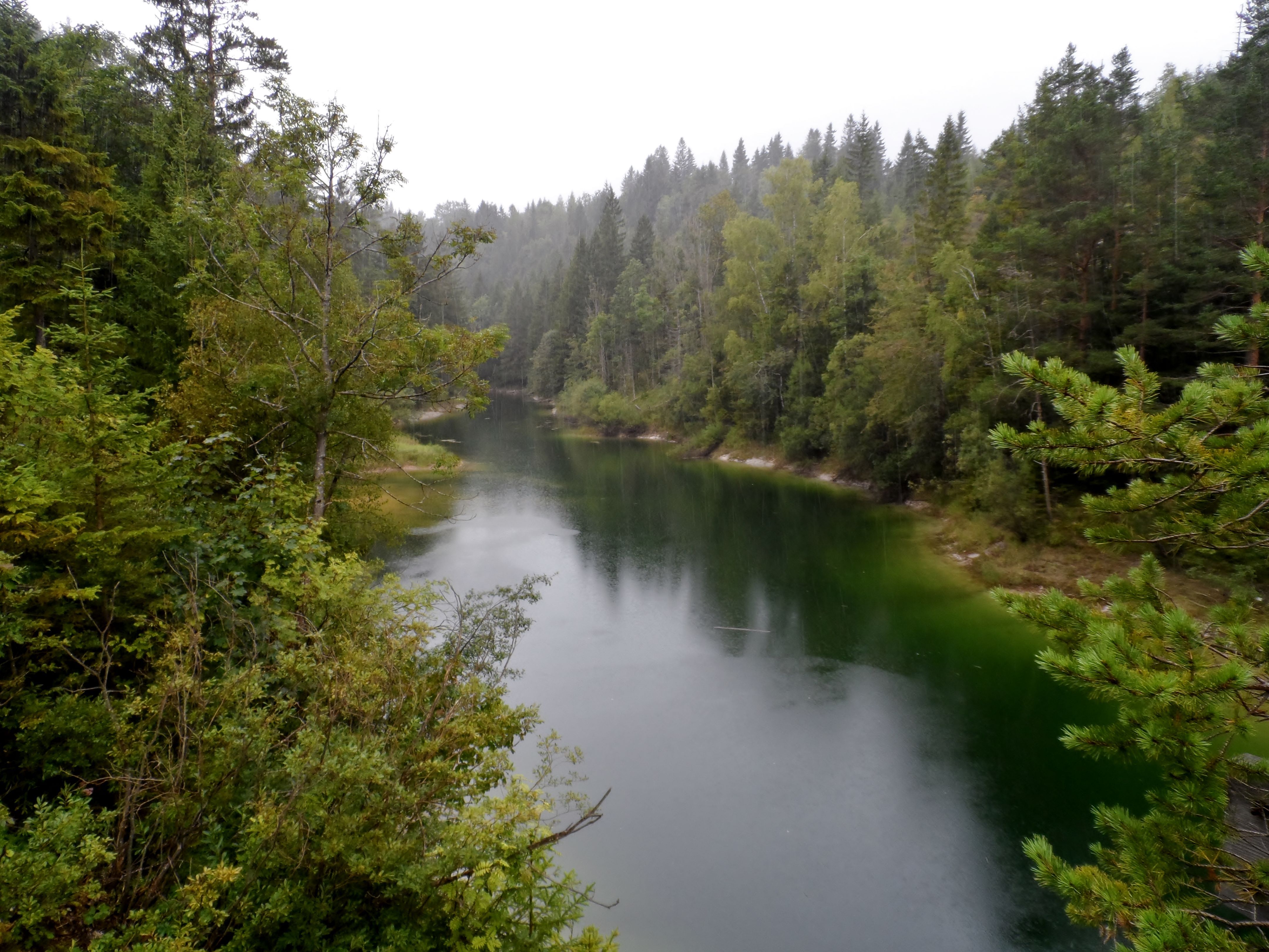 A calm, green lake surrounded by dense forest under a cloudy sky.