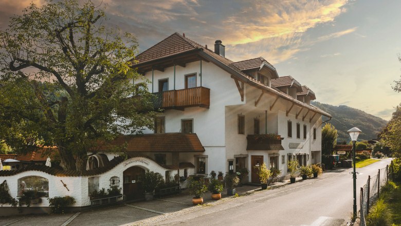 A traditional pub with white walls and red tiled roofs, surrounded by trees and a quiet street.
