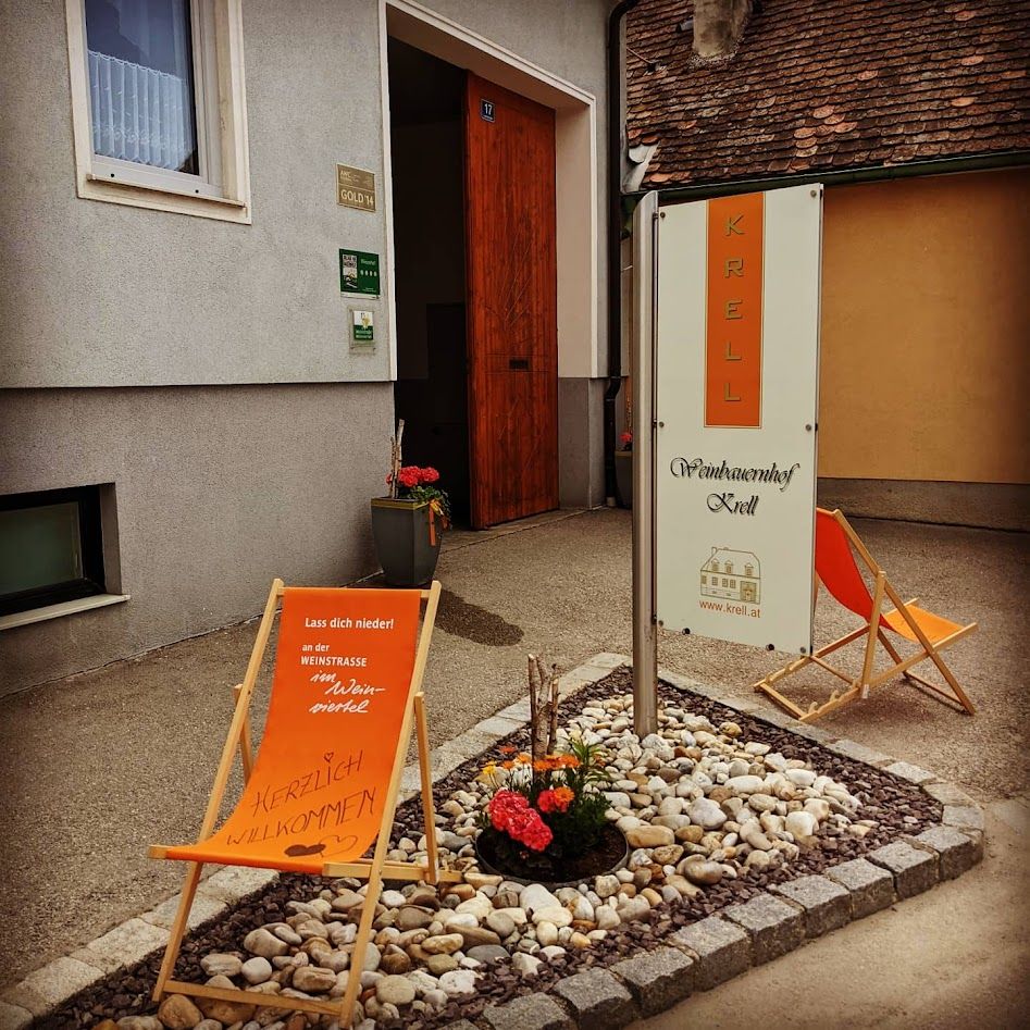 Entrance to the Krell winery with deckchairs and flowers.