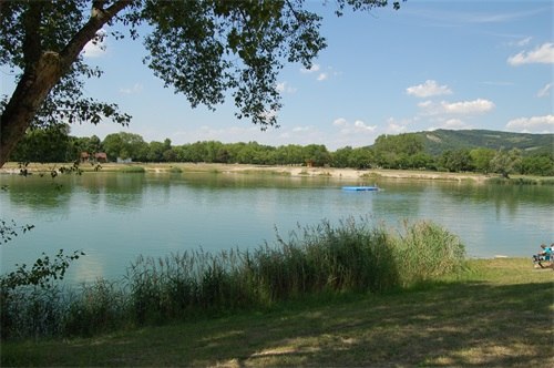 A calm lake with reeds in the foreground and wooded hills in the background.