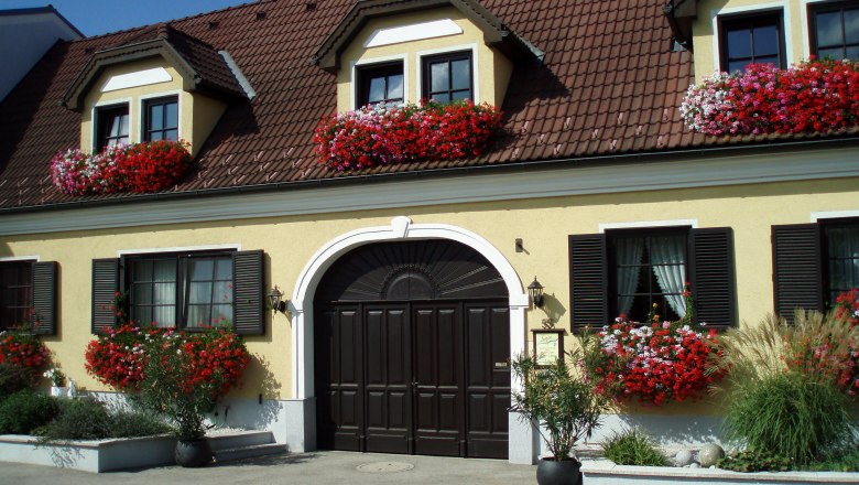Yellow house with red flowers and brown roof.