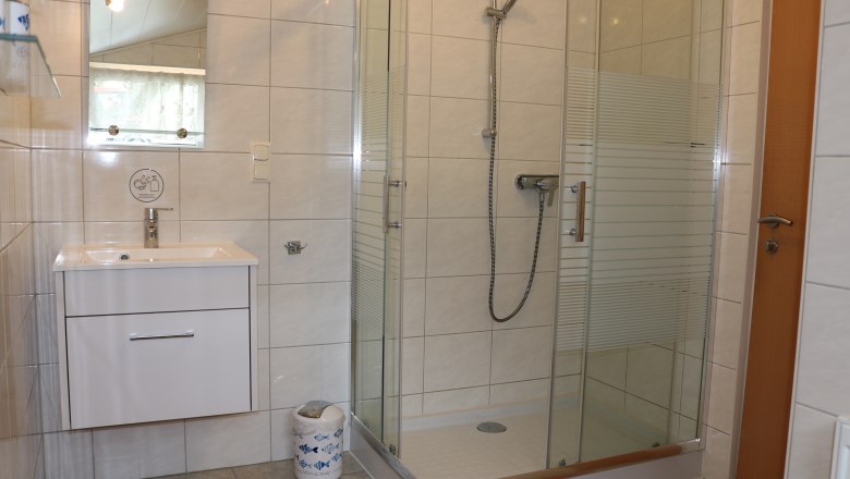 Modern bathroom with shower, washbasin and mirror.