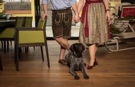 A couple in traditional dress hold hands, a dog sits at their feet.