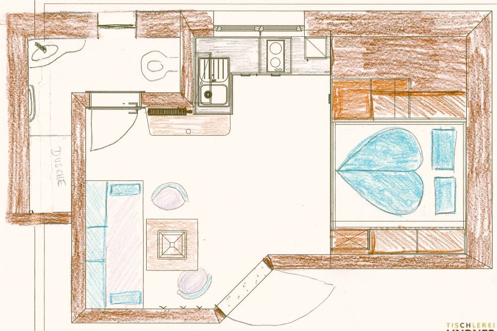 Floor plan of a small apartment with kitchen, living room, bedroom and shower.