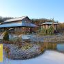 Asian-inspired building with pond and winter landscape.