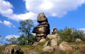A striking rock, surrounded by bushes and stones, under a blue sky with white clouds.