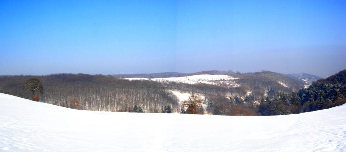 Snow-covered landscape with hills and forests under a blue sky.