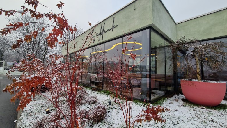 South-facing deck outside with snow and red shrubbery