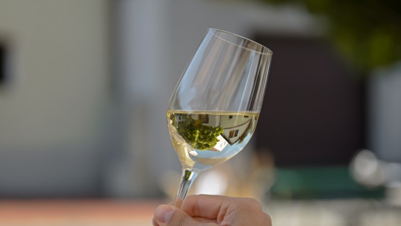 One hand holds a wine glass with white wine outside.