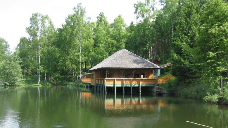 Wooden hut on the lakeshore in the forest with green trees.