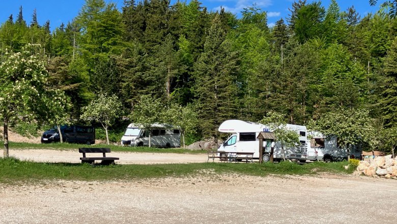 Pitch NP Center, © Naturpark Hohe Wand Motorhomes on a pitch in the countryside with trees and benches.