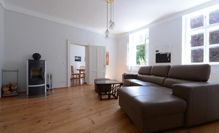 Living room with leather sofa, fireplace and wooden floor.