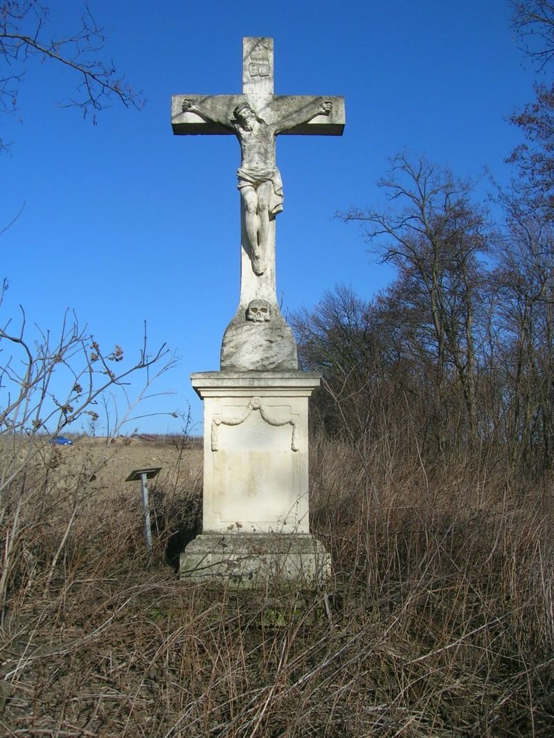 Stone cross with a figure of Jesus in an overgrown landscape under a blue sky.