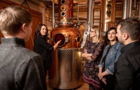 Group of people in a distillery being given a guided tour.