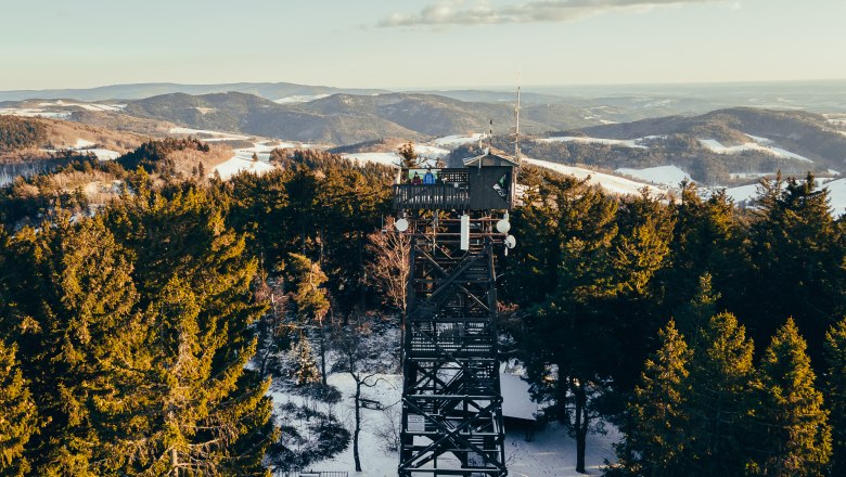 Observation tower in the forest in winter with snow-covered hills in the background.