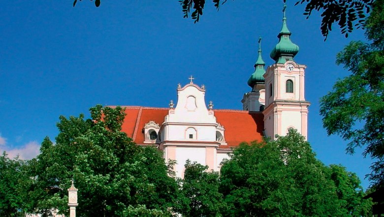 Maria Dreieichen Basilica with red roofs and green towers, surrounded by trees.
