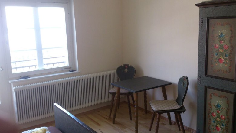 A simply furnished room with a small table, two chairs and a painted cupboard.