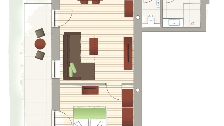 Floor plan of an apartment with living room, kitchen, bedroom, bathroom and balcony.
