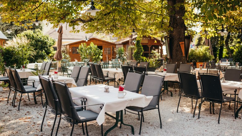 Cozy guest garden with tables and chairs under shady trees.