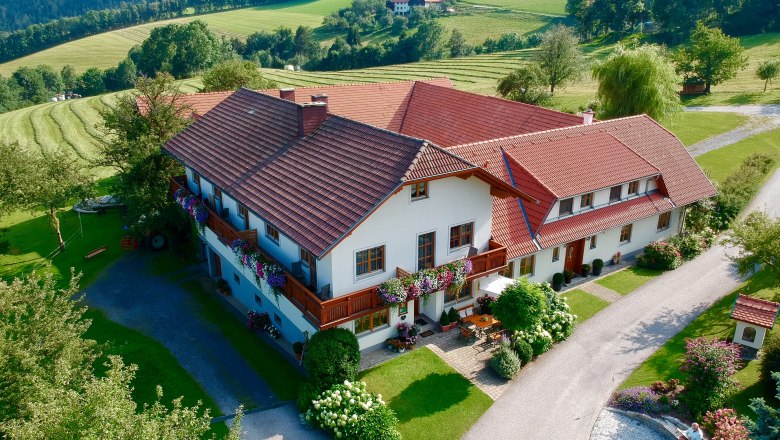 Aerial view of a large farm with red roofs, surrounded by green fields and trees.