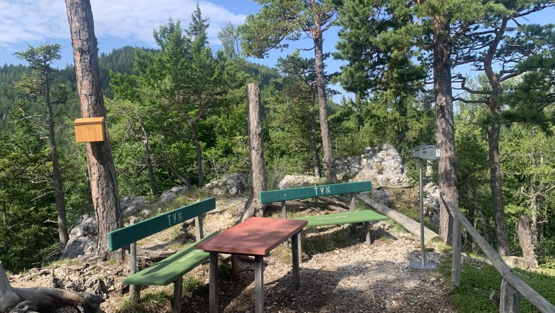 A resting place in the forest with two benches and a table, surrounded by trees and rocks.