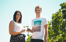 Two people clink glasses outdoors, surrounded by vines.