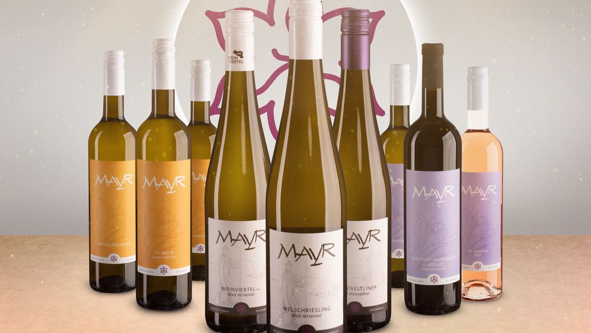Several Mayr brand wine bottles in different colors and varieties.