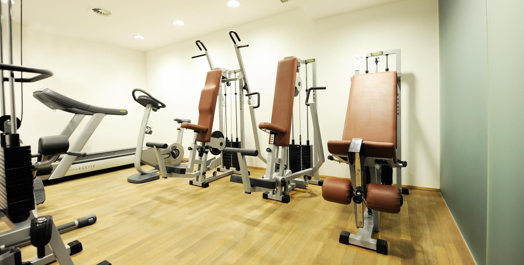A fitness room with treadmill, exercise bike and strength equipment on a wooden floor.
