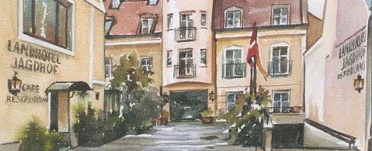 Painting of an inner courtyard with buildings and flags.