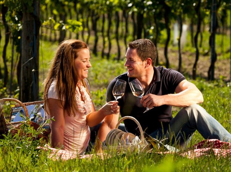 A couple is sitting on a picnic blanket in the vineyard, clinking glasses of wine.