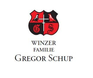 Coat of arms with birds and initials, below the text 'Winzer Familie Gregor Schup'.