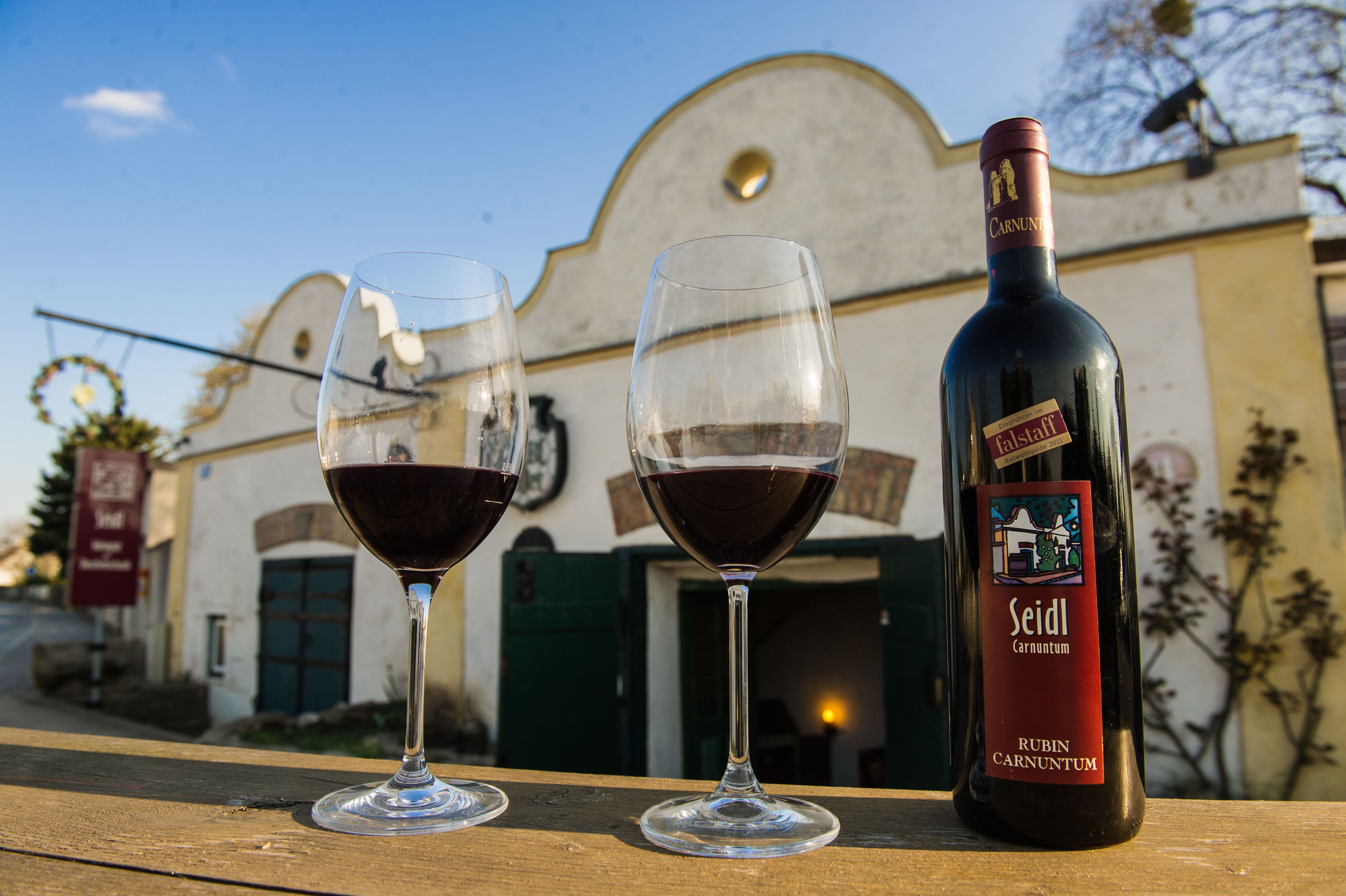 Red wine glasses and wine bottle in front of a wine cellar 