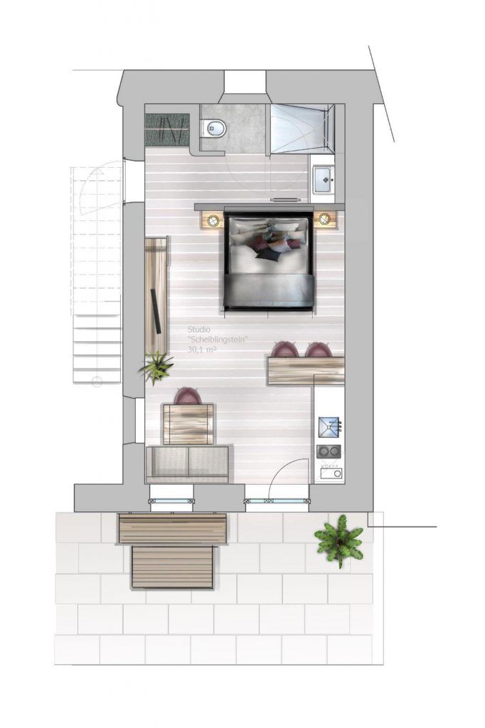 Floor plan of a 30 m² studio with bed, kitchen, bathroom and terrace.