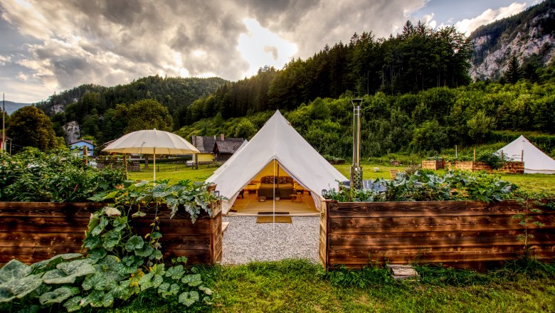 Glamping Wilderness Center Nasswald, © Jonathan Clark Glamping tent in a green landscape with mountains in the background.