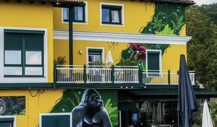 Johny's Jungle, © Johnys Jungle Yellow building with gorilla murals and jungle motifs.