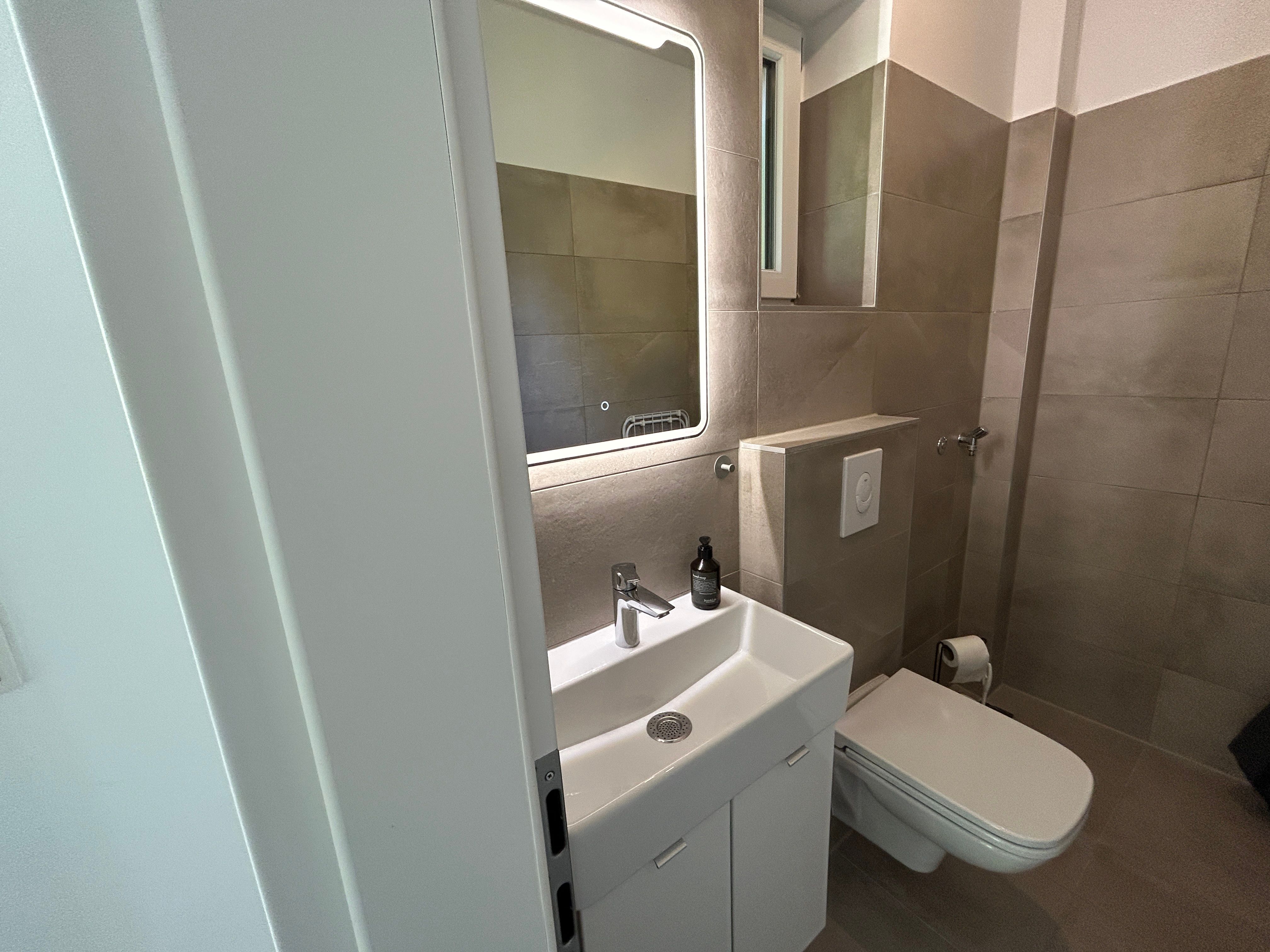 Modern bathroom with washbasin, mirror and toilet.
