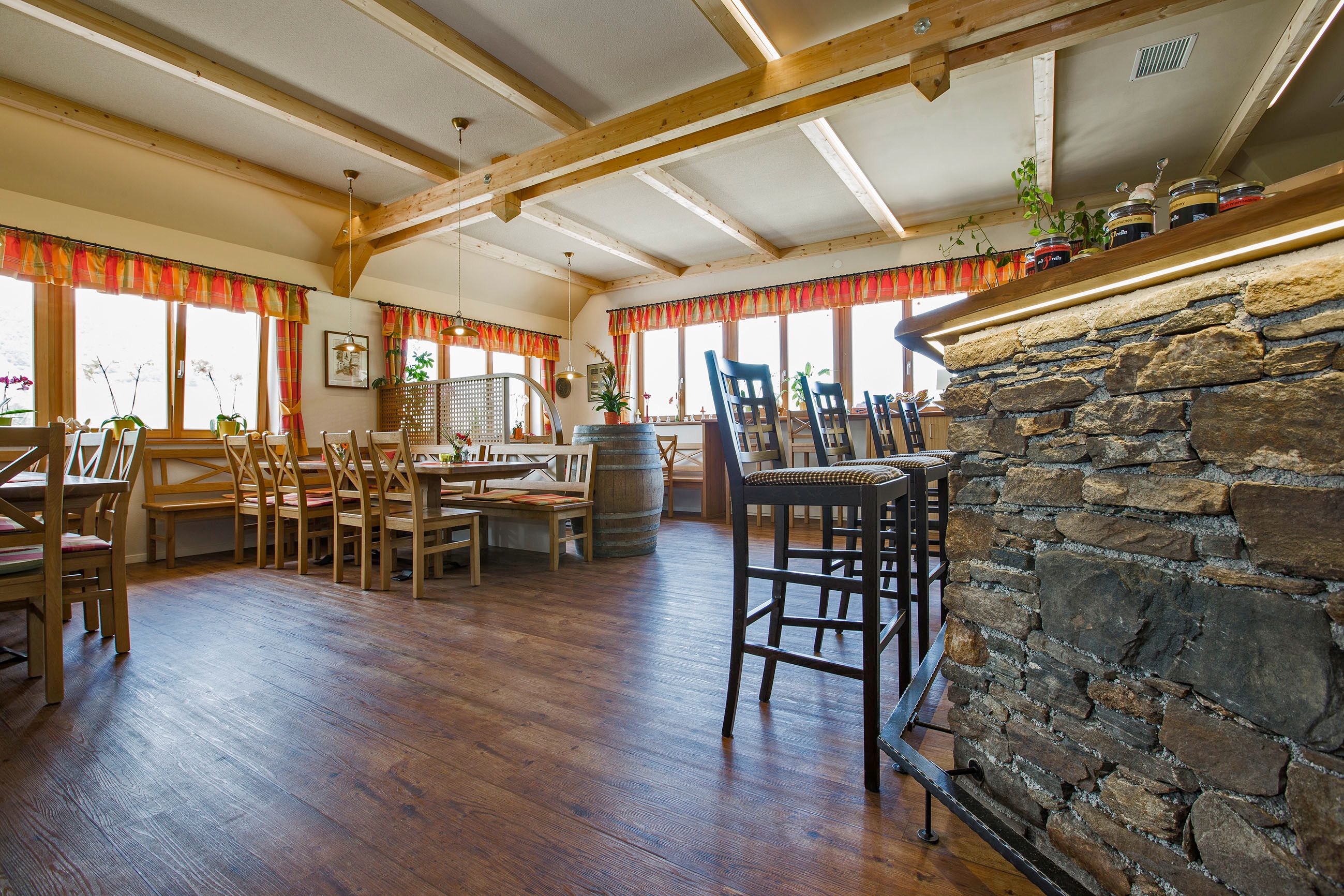 Wine tavern from the inside with benches and chairs