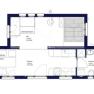 Floor plan of an oval modular house with kitchen, bathroom, living and sleeping area.