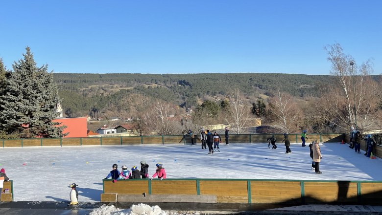 Ice rink with people, surrounded by trees and hills under a blue sky.