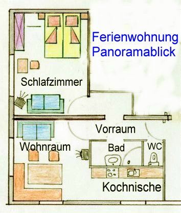 Floor plan of a vacation apartment with bedroom, living room, anteroom, bathroom, WC and kitchenette.