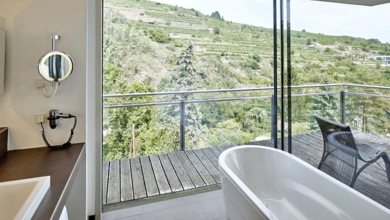 Bathroom with free-standing bathtub and view of vineyards.