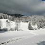 Snow-covered landscape with forest and hills, dark clouds in the sky.