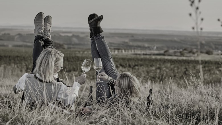 Two people are lying on the grass with wine glasses in their hands, legs stretched up in the air, in front of a vast landscape.