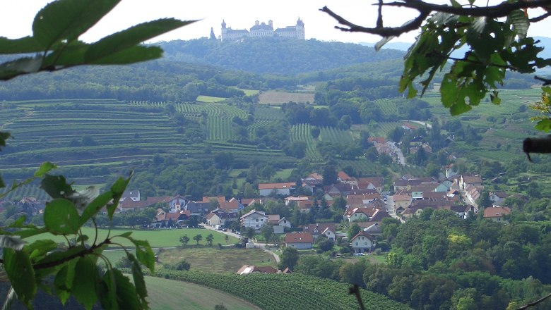 View of Göttweig Abbey on a hill, surrounded by vineyards and a village in the foreground.