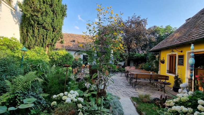 A cozy garden with a yellow building, wooden benches and lush vegetation under a blue sky.