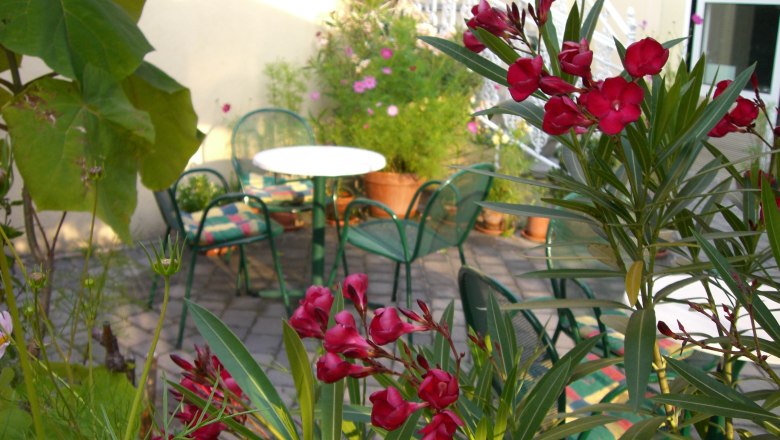 A cozy garden area with green chairs and tables, surrounded by flowering plants.