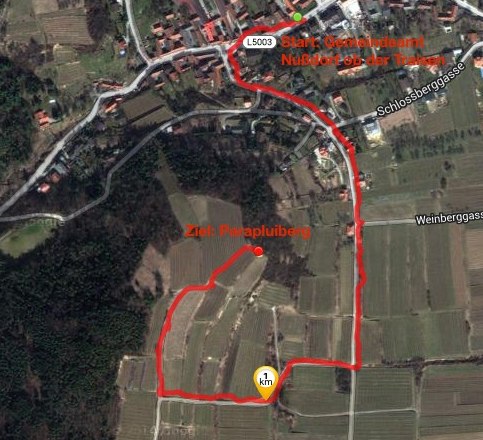 Satellite image with marked route in a rural area.