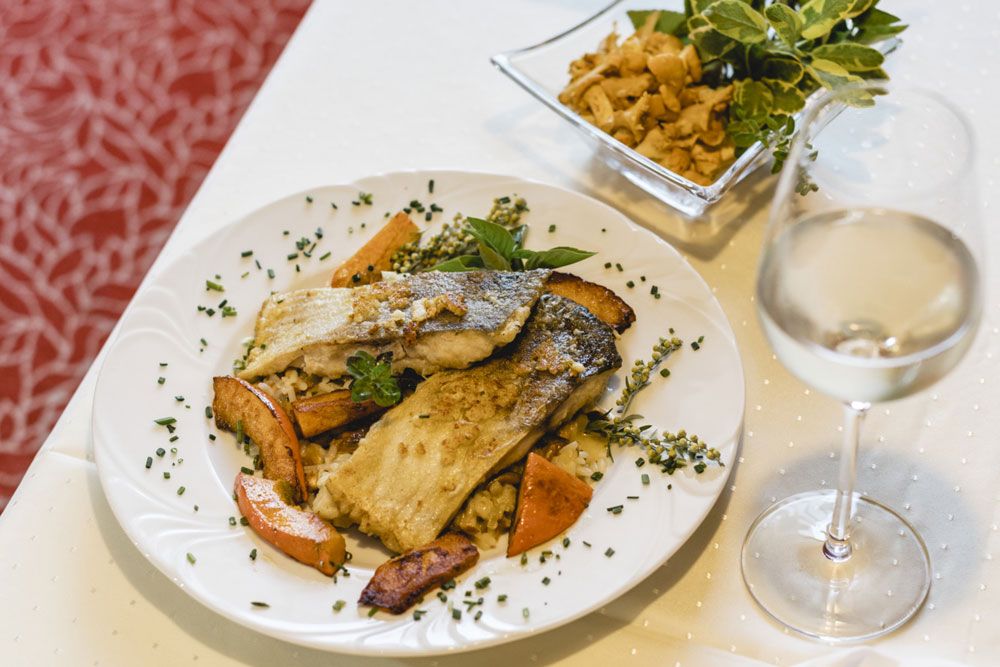 Gourmet dish with fish fillet, vegetables and white wine on a white table.